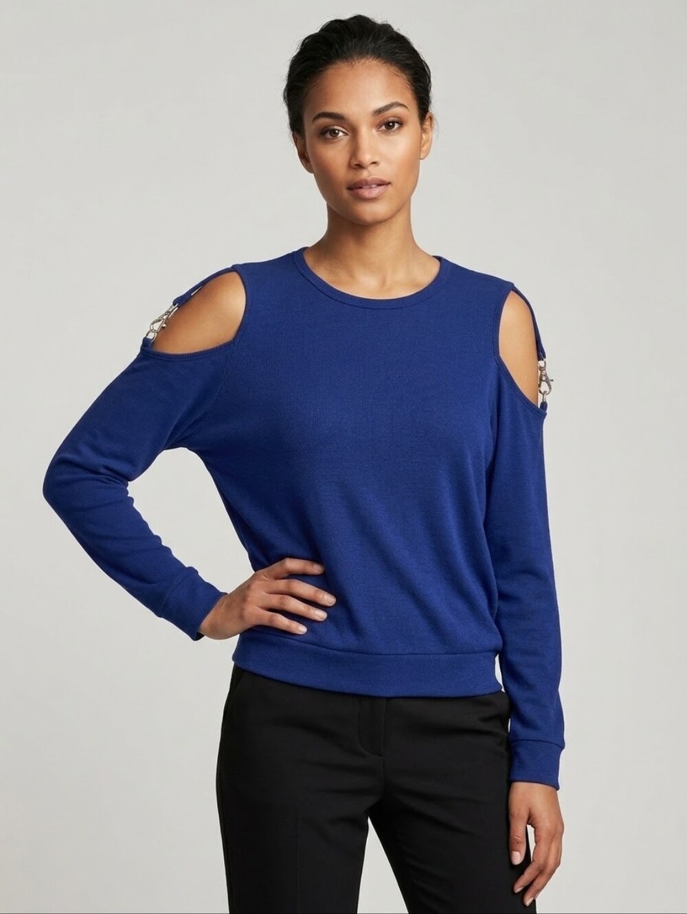 Chocolate USA Royal Blue Metal Buckle Cold Shoulder Sweatshirt M